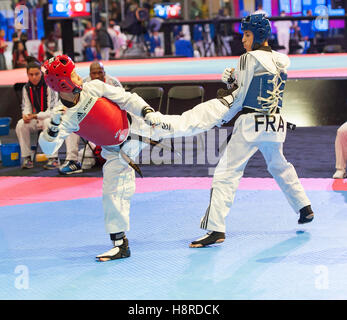 Burnaby, Canada. 16th Nov, 2016. WTF World Taekwondo Junior Championships, Zackarya Aziz (FRA) in blue and Cheng-Chun Chang (TPE) in red compete in 48kg class Credit: © Peter Llewellyn/Alamy Live News  Stock Photo