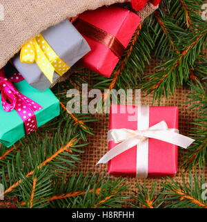 Wrapped colorful gifts for Christmas, birthday or other celebration in jute bag and spruce branches Stock Photo