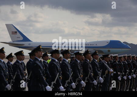 Athens, Greece. 15th Nov, 2016. Minister of Defense Panos Kammenos welcome President Barack Obama at the airport in Greece. Credit:  George Vitsaras/Pacific Press/Alamy Live News Stock Photo