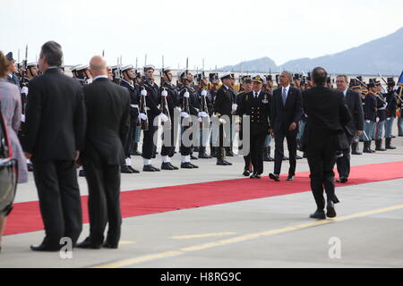 Athens, Greece. 15th Nov, 2016. Minister of Defense Panos Kammenos welcome President Barack Obama at the airport in Greece. Credit:  George Vitsaras/Pacific Press/Alamy Live News Stock Photo