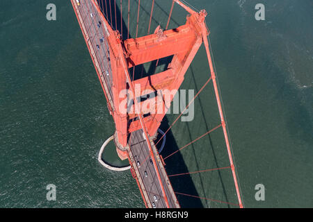 Aerial down view of Golden Gate Bridge tower and San Francisco Bay. Stock Photo