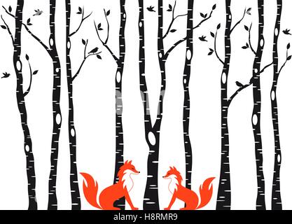 Cute foxes in birch tree forest, vector illustration over white background Stock Vector