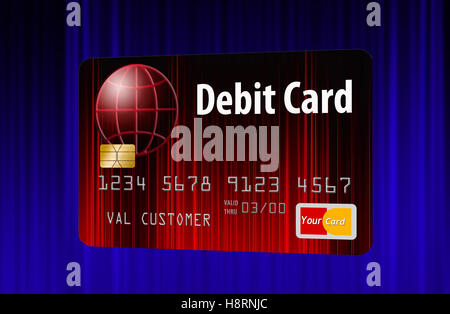 This is a red and black credit card in front of a blue curtain.  This is a photo illustration combining photographs with artwork Stock Photo