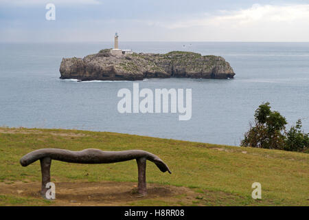 Mouro Island Lighthouse In the Bay of Biscay, Santander, Cantabria, Spain, Europe Stock Photo