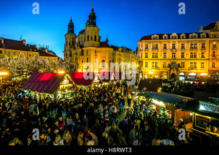 Prague Christmas Market Old Town Square, St. Nicholas Church, Prague, Czech Republic Europe Christmas Market Stock Photo