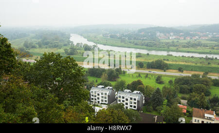 Panorama of Vistula river in the morning fog. Poland. Stock Photo