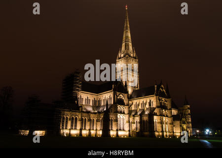 Salisbury Cathedral at night. Tallest spire in the UK on Anglican cathedral in early English architectural style Stock Photo