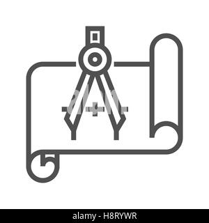 Blueprint with Compass Thin Line Vector Icon Isolated on the White Background. Stock Vector