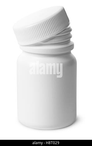 Single plastic bottle with cover removed for pills isolated on white background Stock Photo
