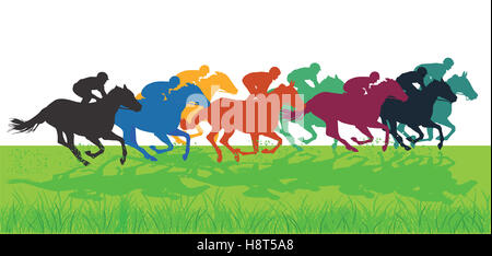 Galloping horses with jockeys Stock Photo