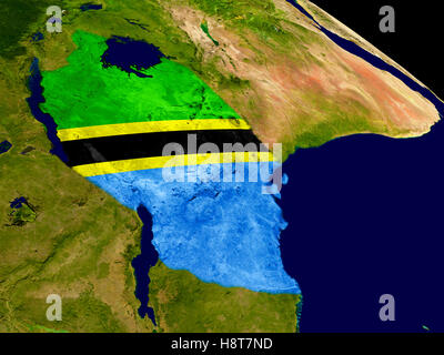 Map of Tanzania with embedded flag on planet surface. 3D illustration ...