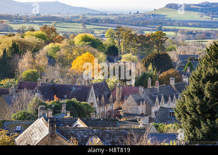 Autumn in the Cotswolds - Looking down on the roofs of the Cotswold village of Stanton, Gloucestershire UK Stock Photo