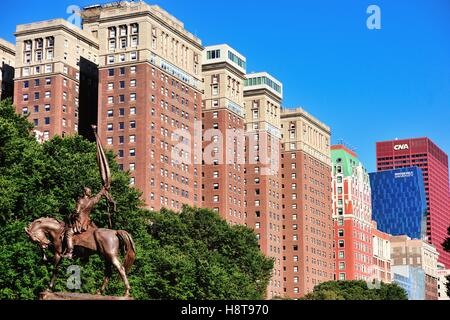The Conrad Hilton Hotel and Towers in Chicago. The Conrad Hilton was once the largest hotel in the world. Chicago, Illinois, USA. Stock Photo
