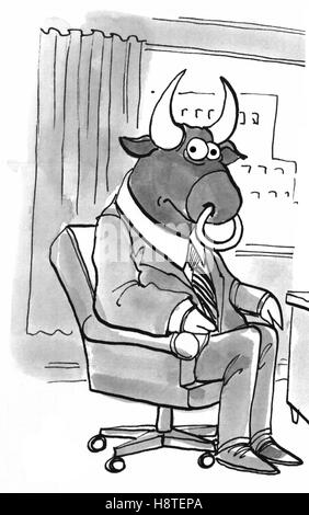 Black and white business illustration of a bull wearing a business suit. Stock Photo