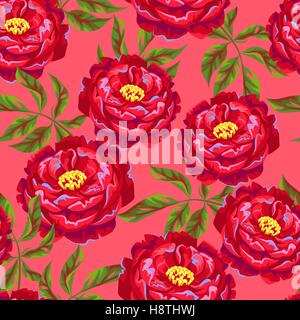 Seamless pattern with peony flowers. Bright buds and leaves Stock Vector