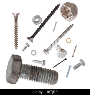 Assorted nuts, bolts, washers and screws isolated on white. Stock Photo