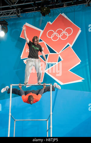 Parkour UK, at One Year To Go ceremony for the Olympics at Trafalgar Square,London. Image taken on 27th July 2011 Stock Photo