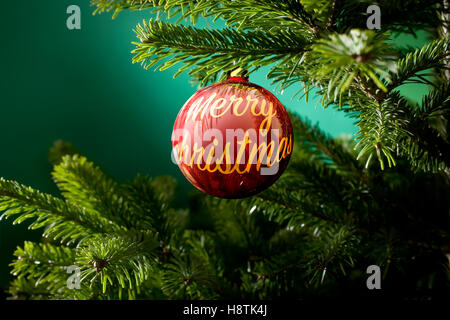 Christmas ball with the text merry christmas and green spruce branch on a green background Stock Photo