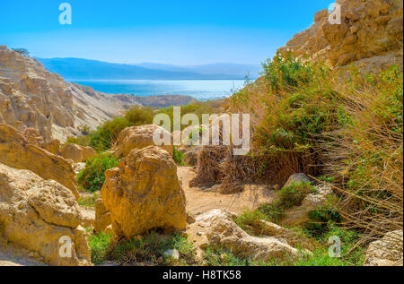 The rocky landscape of Judean desert in Ein Gedi oasis with the bright blue waters of the Dead Sea and Jordanian mountains Stock Photo