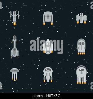 Flat sci-fi futuristic alien spaceships, flying through cosmos with warp engines. Stock Vector