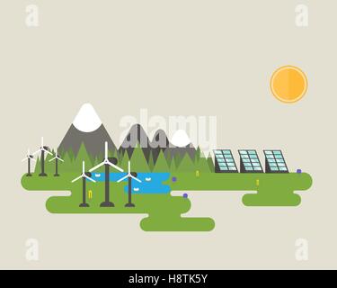 Flat vector design of green energy systems like solar panel and wind turbine near the mountains, lake and forest. Stock Vector