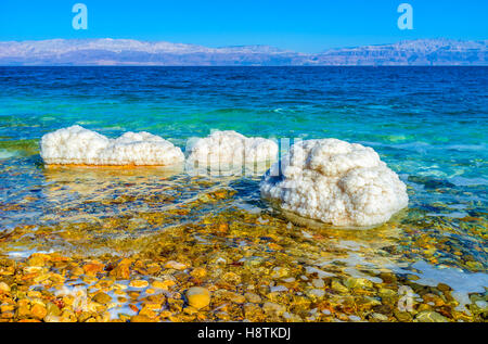 The Dead Sea is one of the world's saltiest bodies of water, creating unusual stones' covers, Ein Gedi, Israel. Stock Photo