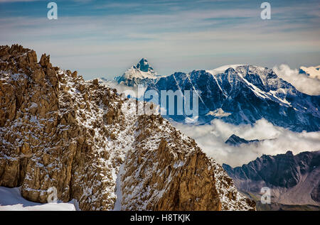Panorama of Alps from Helbronner peak on the massif of Mont Blanc: landscape and Matterhorn and Grandes Jorasses Stock Photo