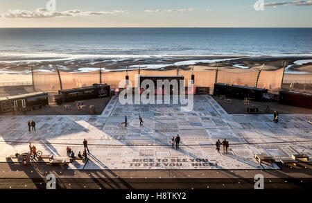 Comedy Carpet in front of Blackpool Tower, created by artist Gordon Young, and designed in collaboration with Why Not Associates Stock Photo