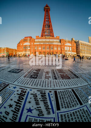 Comedy Carpet in front of Blackpool Tower, created by artist Gordon Young, and designed in collaboration with Why Not Associates Stock Photo