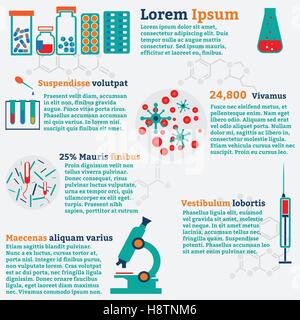 Flat medical infographic icons with text and science background. Stock Vector