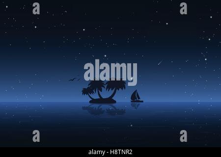 Small tropic island at night. Moored boat, birds, palm and stars. Stock Vector