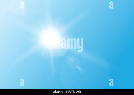 Blue spring sky, with bright sun and flares. Stock Vector