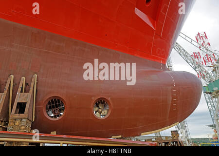 prow of cargo ship before launching Stock Photo