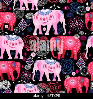 Seamless bright pattern of beautiful elephants on a dark background with flowers Stock Vector