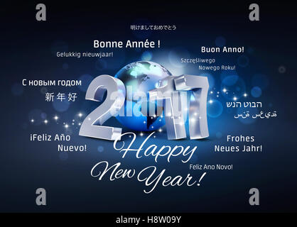 2017 New Year type composed with a blue planet earth, surrounded by greeting words in multiple languages - 3D illustration Stock Photo