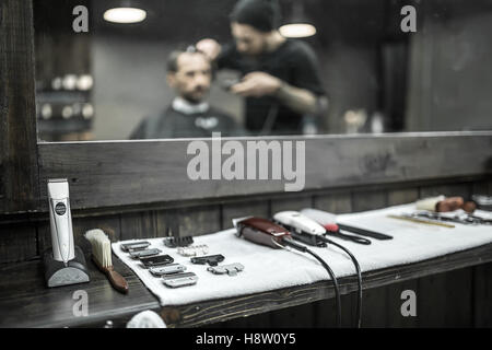 Accessories of hairdresser in barbershop Stock Photo