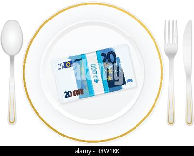 Plate, cutlery and euro banknotes pack on a white background. Stock Vector