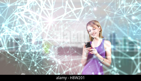 Young woman in digital lights and lines. Stock Photo