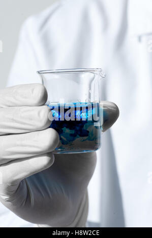 Chemistry lab measuring cup beaker in hands with blue food coloring Stock Photo