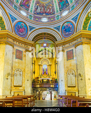 The prayer hall of Stella Maris Monastery, located on the Carmel Mount, with the cave at the altar Stock Photo