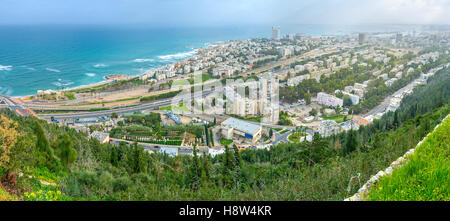 Panorama of Haifa from the slope of Carmel Mount, overlooking residential districts, beaches and the coastline, Israel. Stock Photo