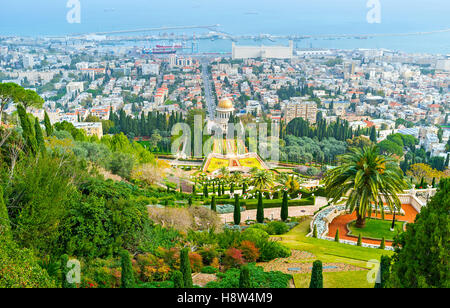 The view of Haifa city and Bahai Gardens and Temple from the top of Carmel Mount, Israel. Stock Photo