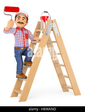 3d working people illustration. Painter working up a ladder with a roller brush. Isolated white background. Stock Photo