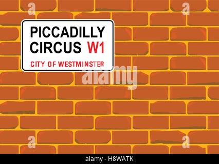 The street name sign from Piccadilly Circus West One on a red brick wall Stock Vector