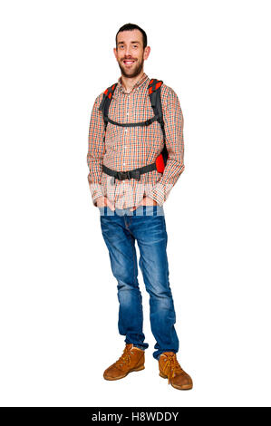 Backpacker man isolated over white background Stock Photo