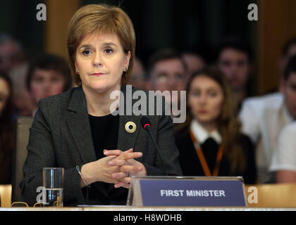 Scotland's First Minister Nicola Sturgeon appears before the Scottish Parliament's Conveners' Group to answer questions on her Government's legislative programme, in Committee Room 2 of the Scottish Parliament, Edinburgh. Stock Photo