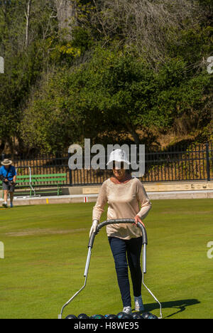 San Francisco, CA, USA, Senior Woman Playing Lawn Bowling, Bocce Ball Game, Golden Gate Park, Grassy Field Stock Photo