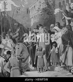 Saint Elizabeth of Hungary, Heilige Elisabeth von Thueringen, also known as Saint Elizabeth of Thuringia, says goodbye to her husband, who sets out on the Crusades Stock Photo