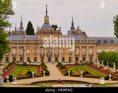 Spain, Castile and Leon, Province of Segovia, San Ildefonso, View of the Royal Palace of La Granja de San Ildefonso. Stock Photo