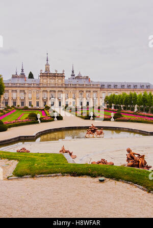 Spain, Castile and Leon, Province of Segovia, San Ildefonso, View of the Royal Palace of La Granja de San Ildefonso. Stock Photo